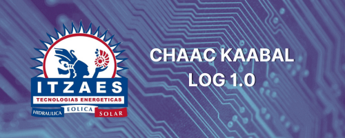 Chaac Kaabal Log, fondo de placa electronica azul y el log de la empresa Itzaes Tecnologias Energeicas S.A de C.v